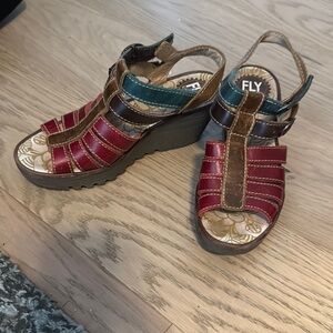 Fly London Wedge Multi Color Strappy Sandal Heel Women Size 37 / 7